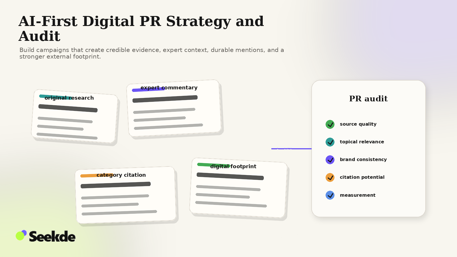 Editorial campaign workspace showing original research, expert commentary, category citation work, digital footprint reinforcement, and a quality audit checklist.