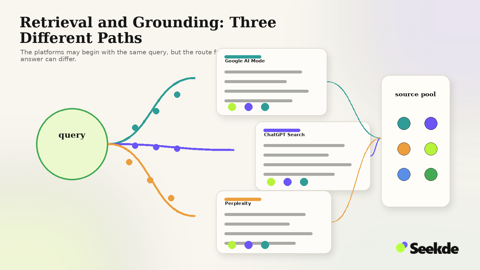 Editorial flow showing one query moving through three different retrieval and grounding paths before producing separate AI-search answers from different source mixes.