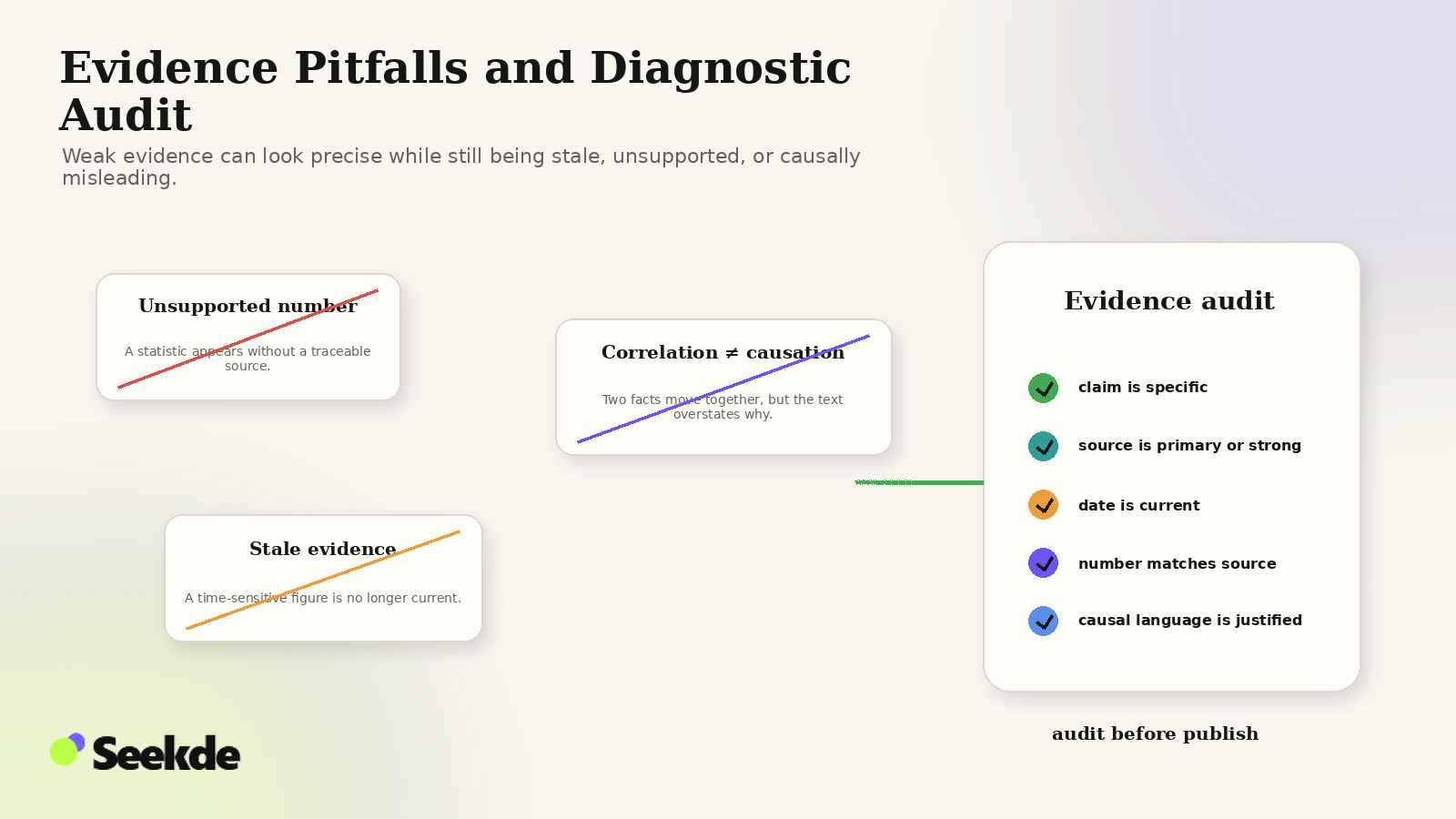 Editorial audit visual showing unsupported numbers, stale evidence, and correlation-versus-causation risks beside a checklist for validating claims before publication.