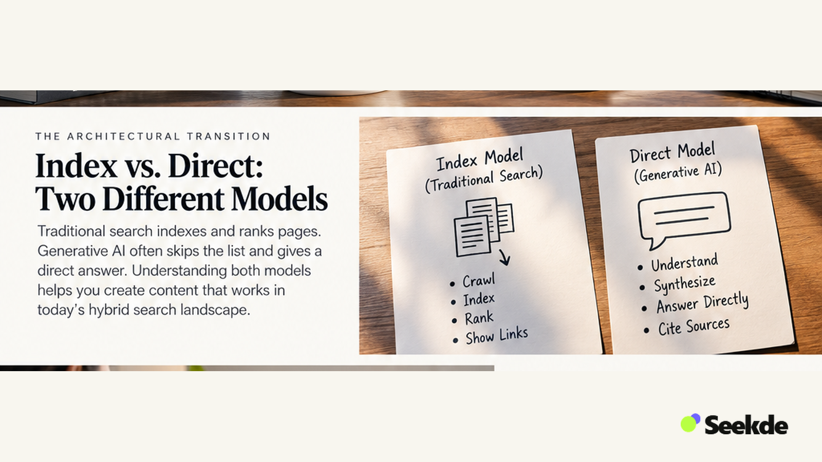 Editorial comparison of a traditional index-and-direct search journey with a generative answer journey that synthesizes information before the user clicks through.