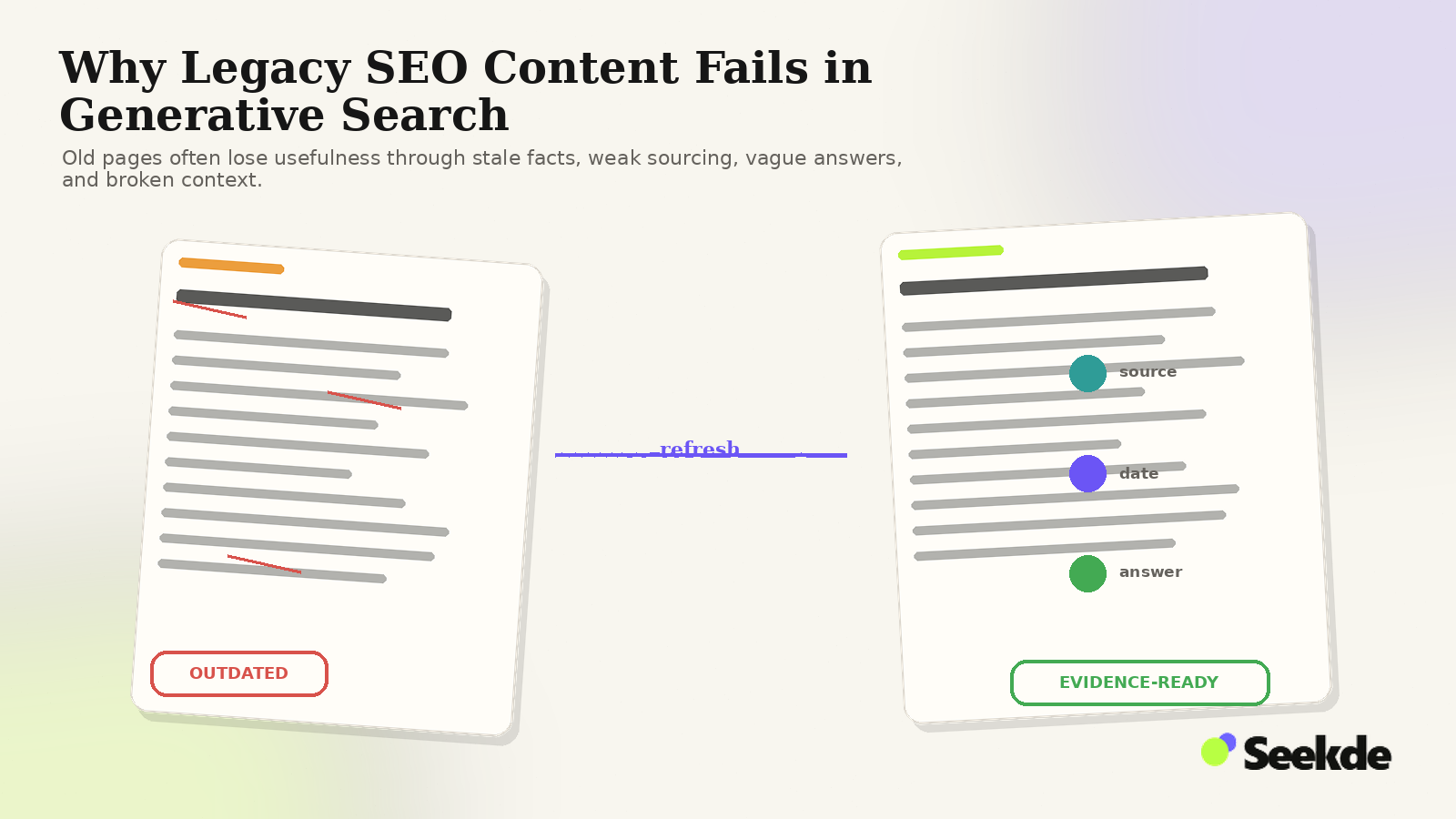 Editorial before-and-after visual showing a stale legacy article beside a refreshed article with stronger sourcing, updated dates, and clearer answer structure.