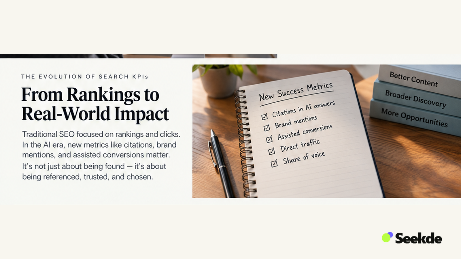 Editorial notebook showing emerging search visibility measures such as citations in AI answers, brand mentions, assisted conversions, direct traffic, and share of voice.